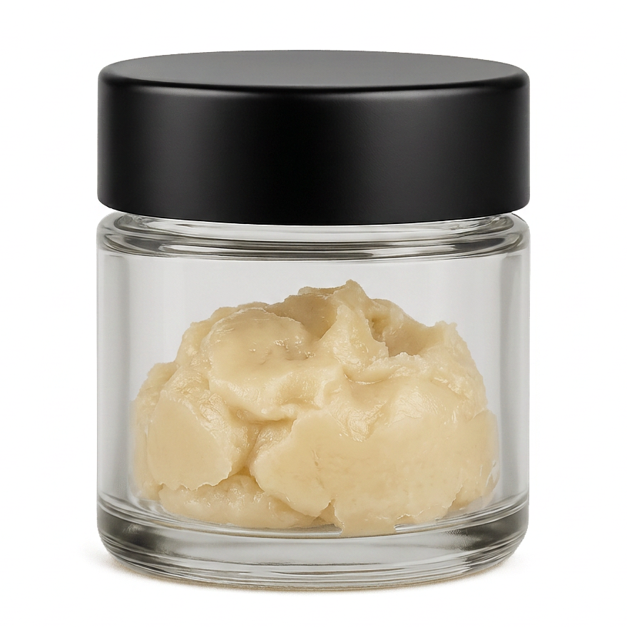 Glass jar with black lid containing THCA badder