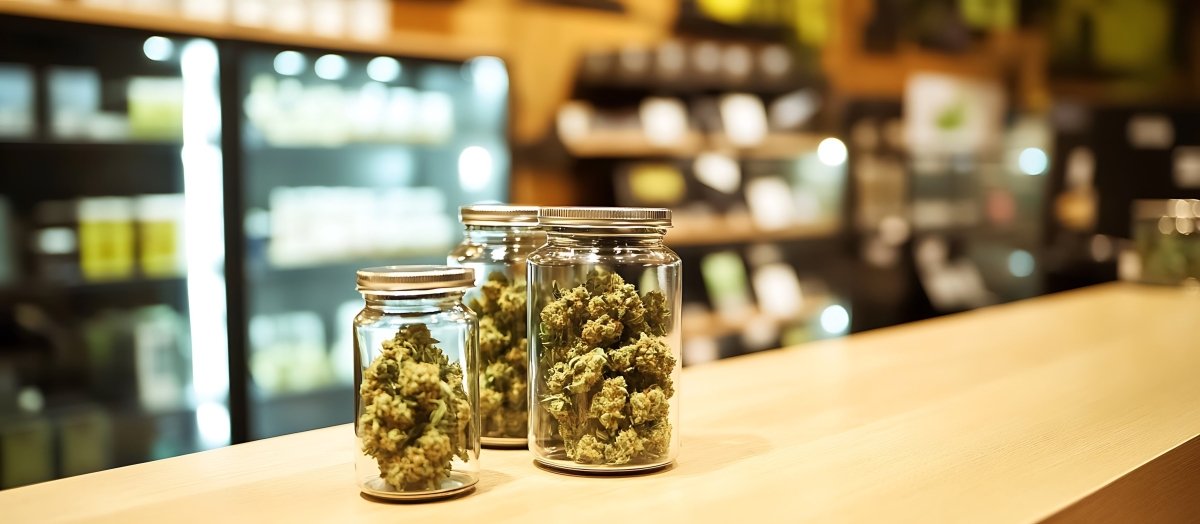 Jars of cannabis on counter in dispensary