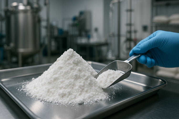 THCA isolate powder on a metal tray with a scoop and gloved hand in a factory setting