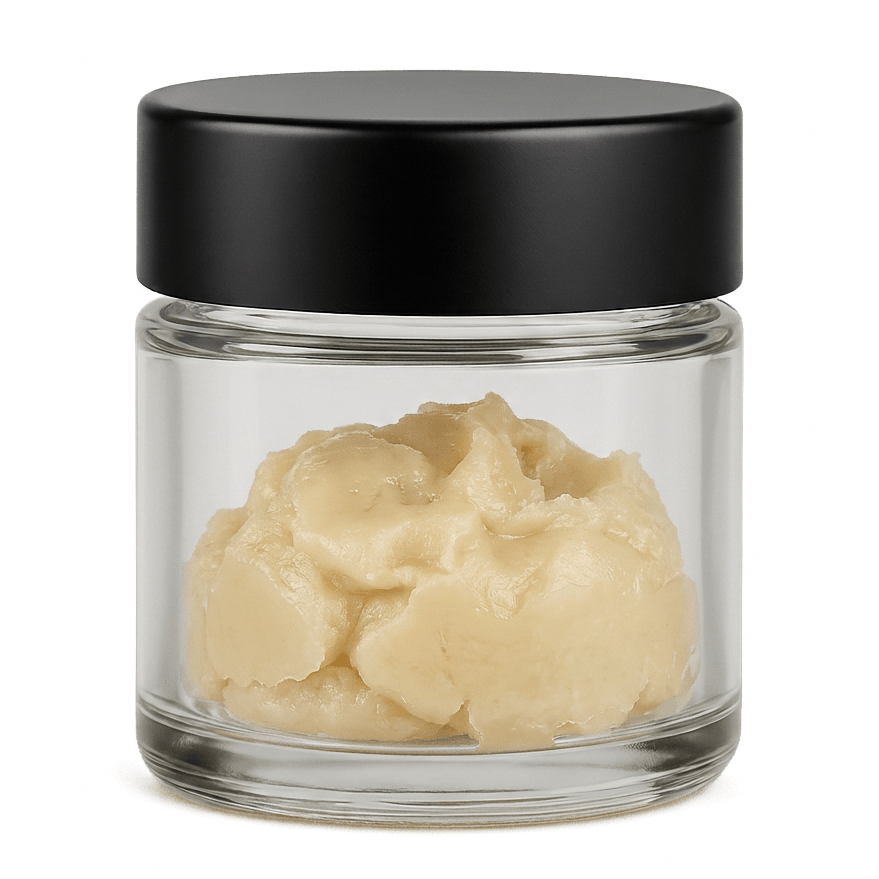 Glass jar with black lid containing THCA badder