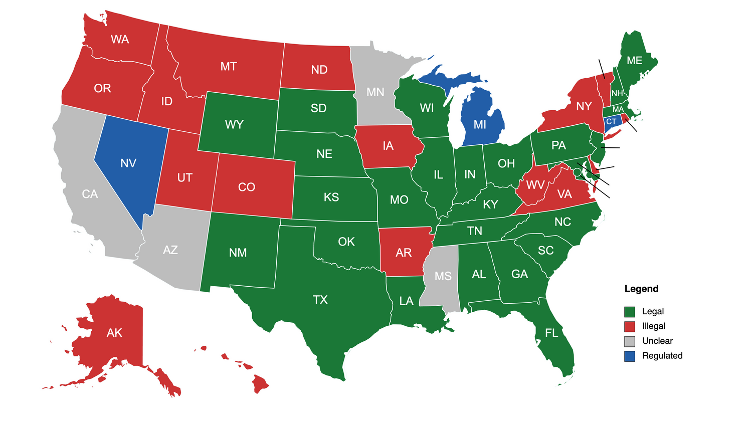 Map of the US showing legal status of Delta 8