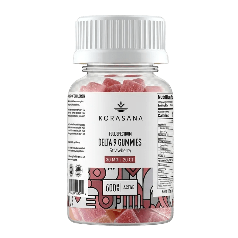 Bottle of KORASANA Delta 9 Gummies on a transparent background