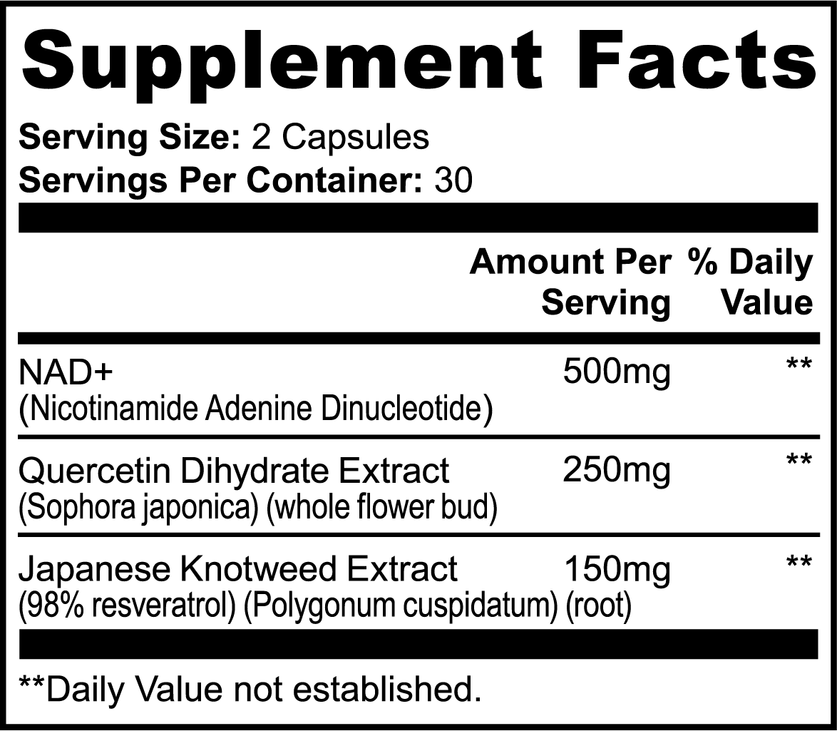 A black and white Supplement Facts label showing the ingredients and daily value for a dietary supplement. The label lists NAD+ (500mg), Quercetin Dihydrate Extract (250mg), and Japanese Knotweed Extract (150mg).