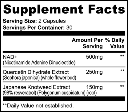 A black and white Supplement Facts label showing the ingredients and daily value for a dietary supplement. The label lists NAD+ (500mg), Quercetin Dihydrate Extract (250mg), and Japanese Knotweed Extract (150mg).