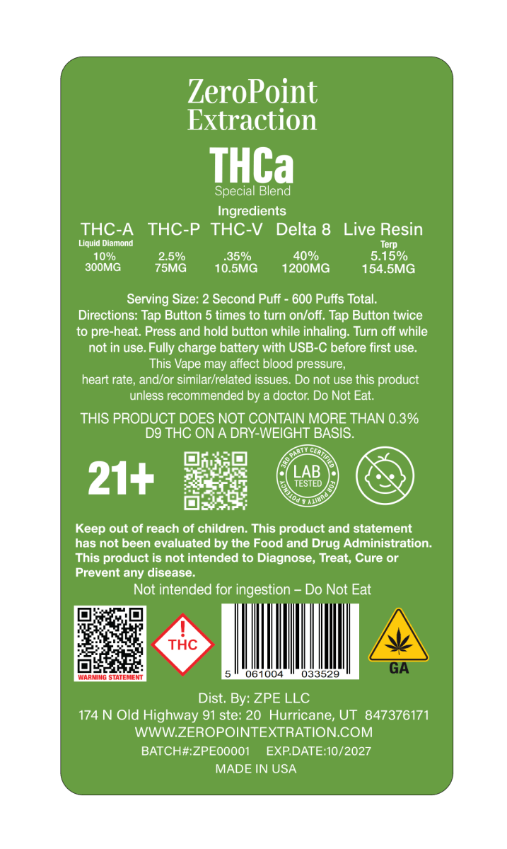 ZeroPoint Extraction THCa vape ingredients