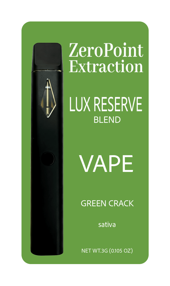 ZeroPoint Extraction Lux Reserve Blend vape packaging on a green background