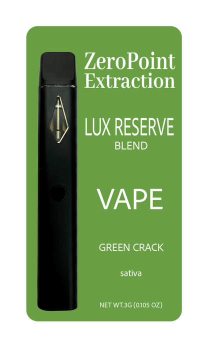 ZeroPoint Extraction Lux Reserve Blend vape packaging on a green background