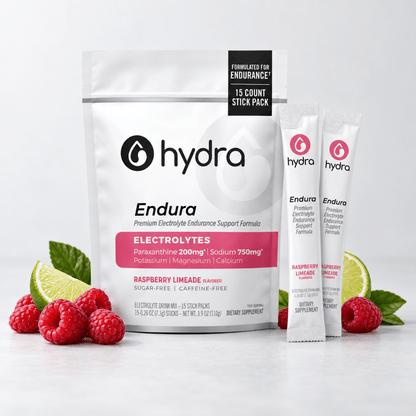 Hydra Endura electrolyte support formula in a white resealable pouch with two single-serve stick packs, styled with raspberries, lime slices, and mint leaves on a light gray background.