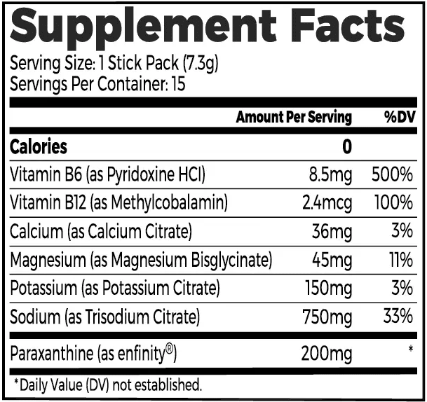A Supplement Facts label for a stick pack showing serving size, calories, and a list of nutrients including Vitamin B6, Vitamin B12, Calcium, Magnesium, Potassium, and Sodium with amounts and %DV.