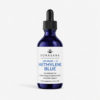 A 2 fl oz cobalt blue glass dropper bottle of Korasana Methylene Blue dietary supplement, featuring a white label with blue and black text, set against a clean white background.