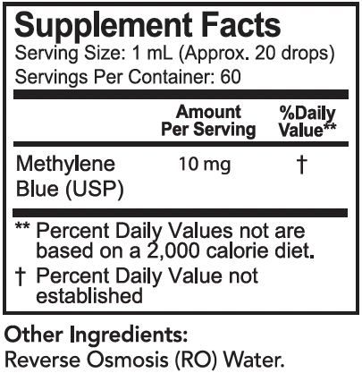 A Supplement Facts label showing Methylene Blue (USP) with a serving size of 1 mL (approx. 20 drops) and 60 servings per container.