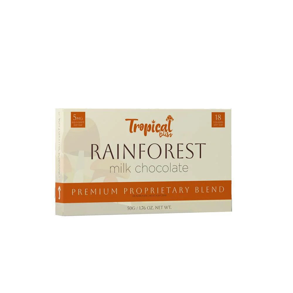 Tropical Bliss Rainforest milk chocolate packaging on a white background
