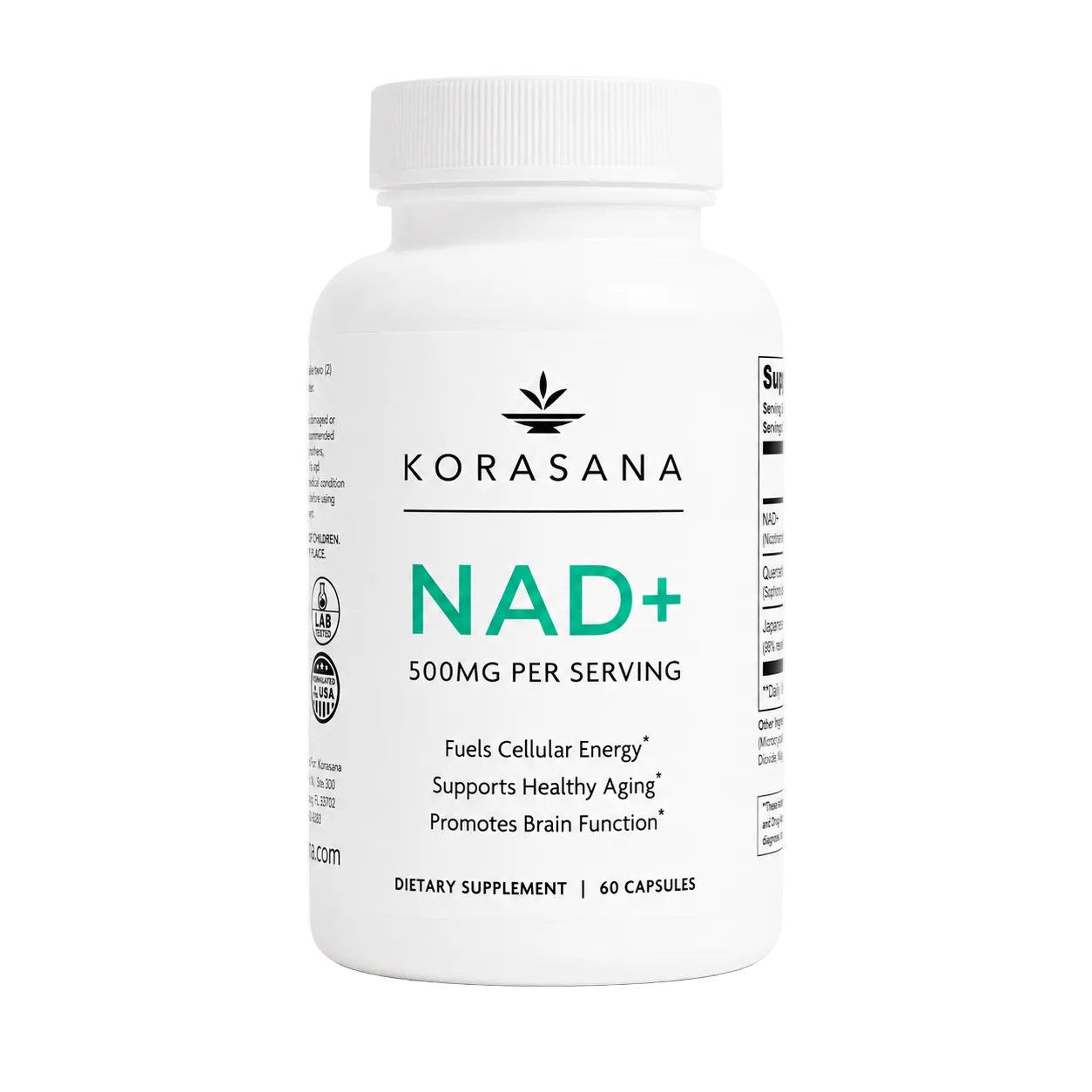 A white bottle of KORASANA NAD+ dietary supplement, 500mg per serving, 60 capsules, on a clean white background.