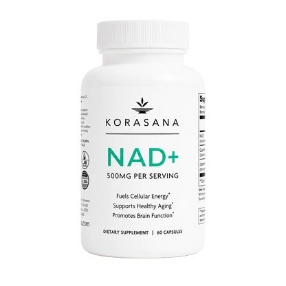 A white bottle of KORASANA NAD+ dietary supplement, 500mg per serving, 60 capsules, on a clean white background.