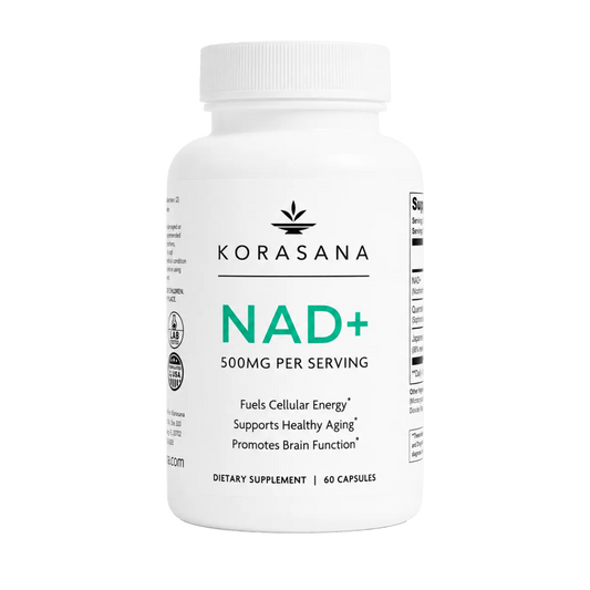 A white bottle of KORASANA NAD+ dietary supplement, 500mg per serving, 60 capsules, on a clean white background.