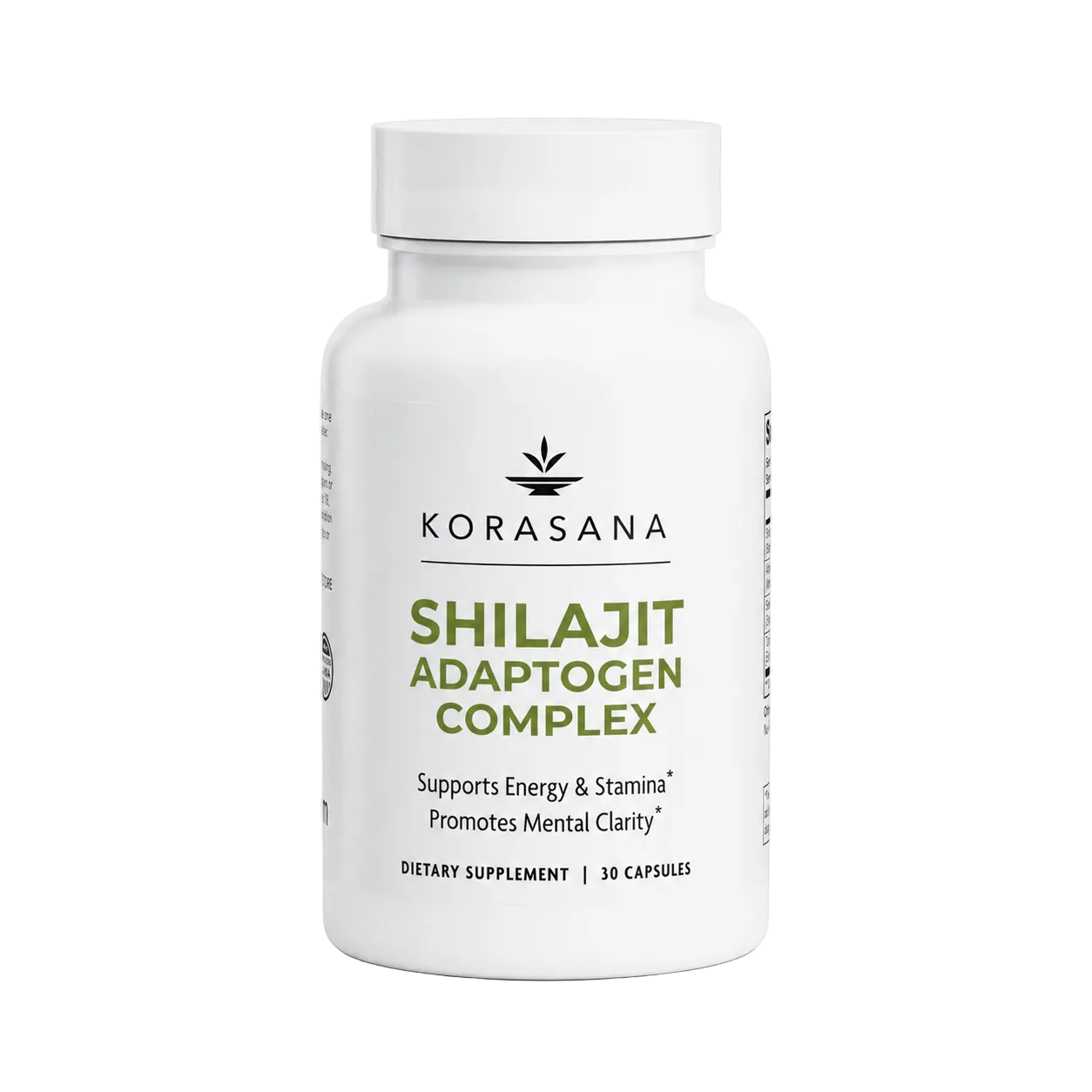 A white bottle of Korasana Shilajit Adaptogen Complex dietary supplement, featuring a white cap and a clean white label with green and black text, set against a light gray background.