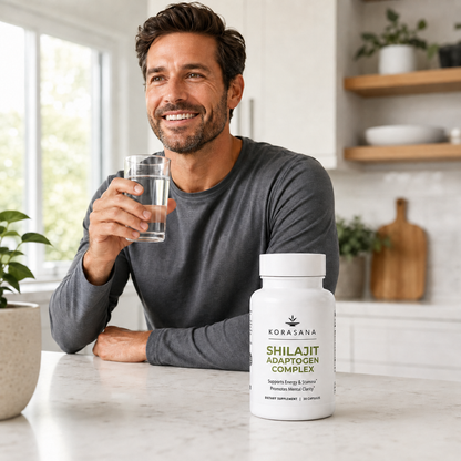 A smiling man in a gray long-sleeve shirt sits at a kitchen counter holding a glass of water, with a white bottle of Korasana Shilajit Adaptogen Complex in front of him.