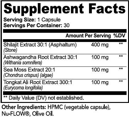 A close-up of a supplement facts label showing serving size 1 capsule, 30 servings per container, and listed ingredients including Shilajit Extract 30:1, Ashwagandha Root Extract 30:1, Sea Moss Extract 20:1, and Tongkat Ali Root Extract 300:1, with HPMC and Nu-FLOW, Olive Oil as other ingredients.