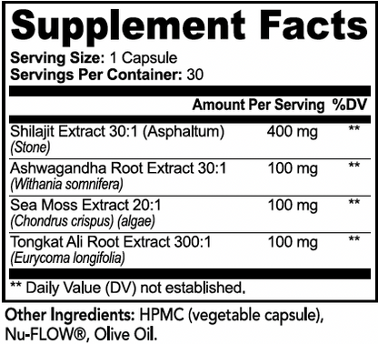 A close-up of a supplement facts label showing serving size 1 capsule, 30 servings per container, and listed ingredients including Shilajit Extract 30:1, Ashwagandha Root Extract 30:1, Sea Moss Extract 20:1, and Tongkat Ali Root Extract 300:1, with HPMC and Nu-FLOW, Olive Oil as other ingredients.