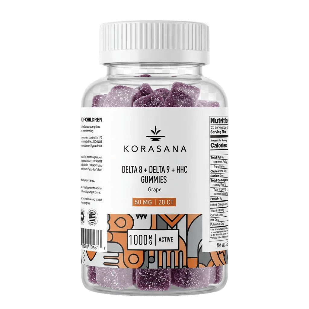 Korasana Delta 8 + Delta 9 + HHC gummies bottle on a transparent background