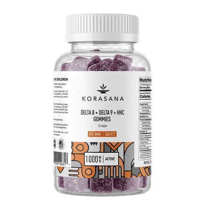 Korasana Delta 8 + Delta 9 + HHC gummies bottle on a transparent background