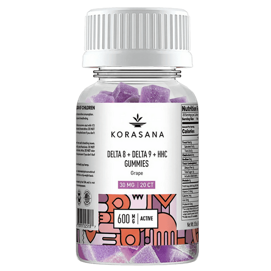 Bottle of Korasana Delta 8 + Delta 9 + HHC Gummies