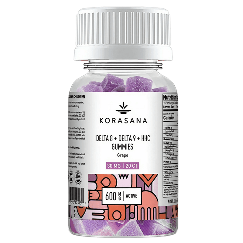 Bottle of Korasana Delta 8 + Delta 9 + HHC Gummies