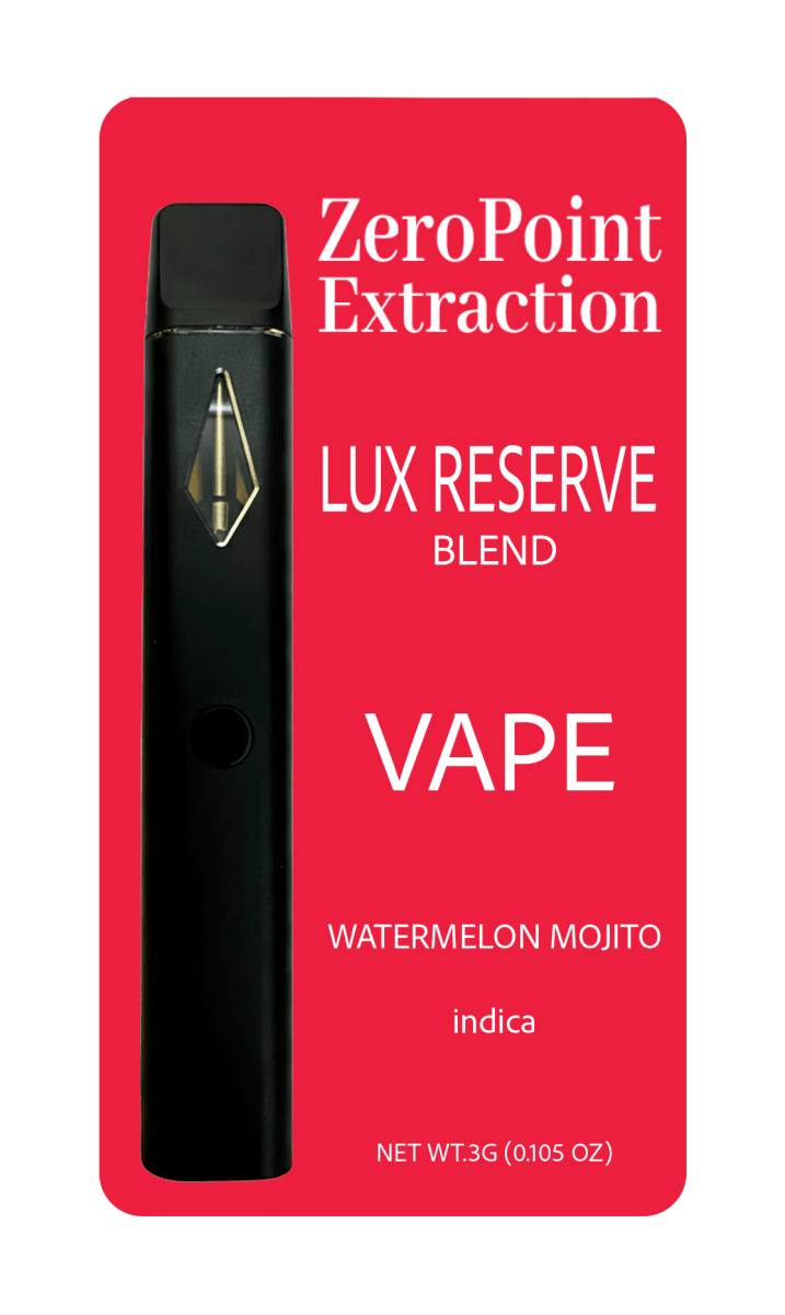 ZeroPoint Extraction Lux Reserve Blend vape packaging on a red background