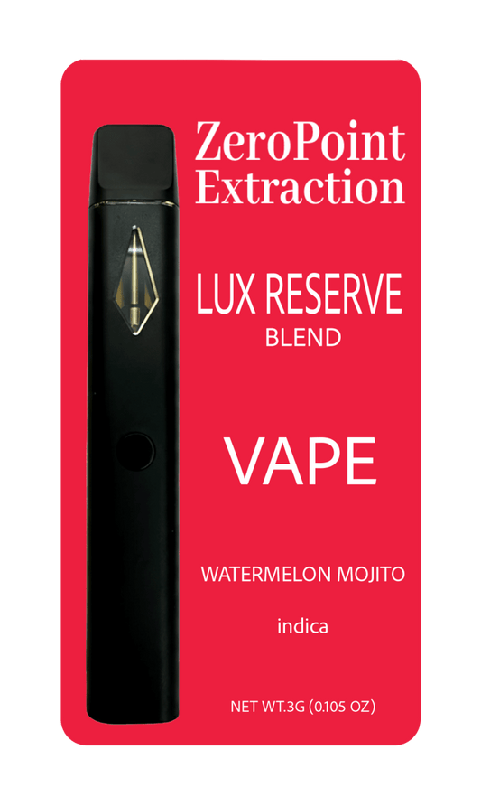 ZeroPoint Extraction Lux Reserve Blend vape packaging on a red background
