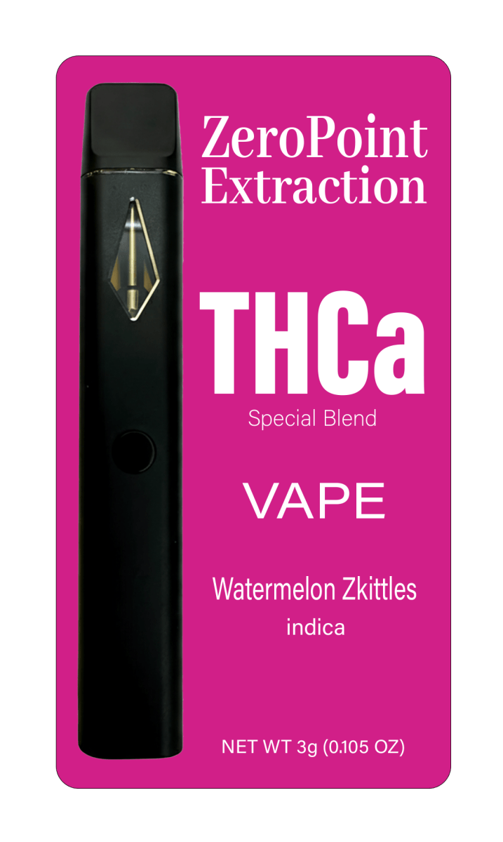 ZeroPoint Extraction THCa vape packaging with pink background