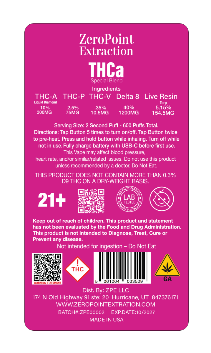 Pink label for ZeroPoint Extraction THCa ingredients