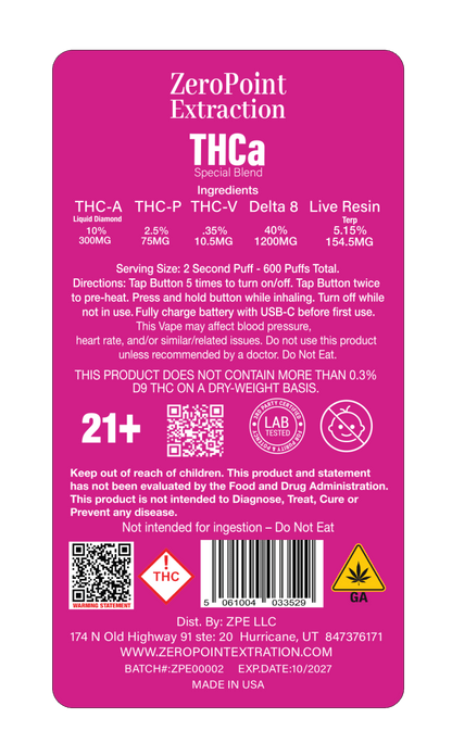 Pink label for ZeroPoint Extraction THCa ingredients
